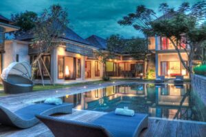 A beautiful lounging area near a pool