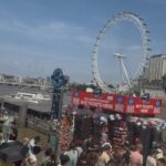 Travelers near the London Eye