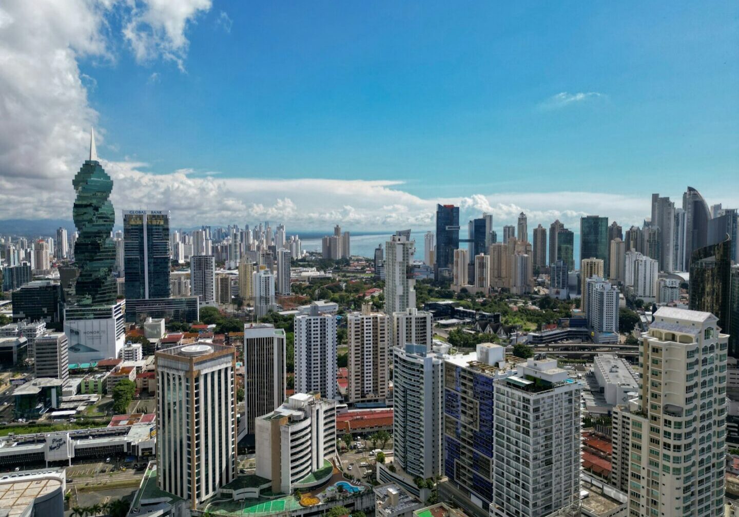 Panama City skyline beside the Pacific Ocean