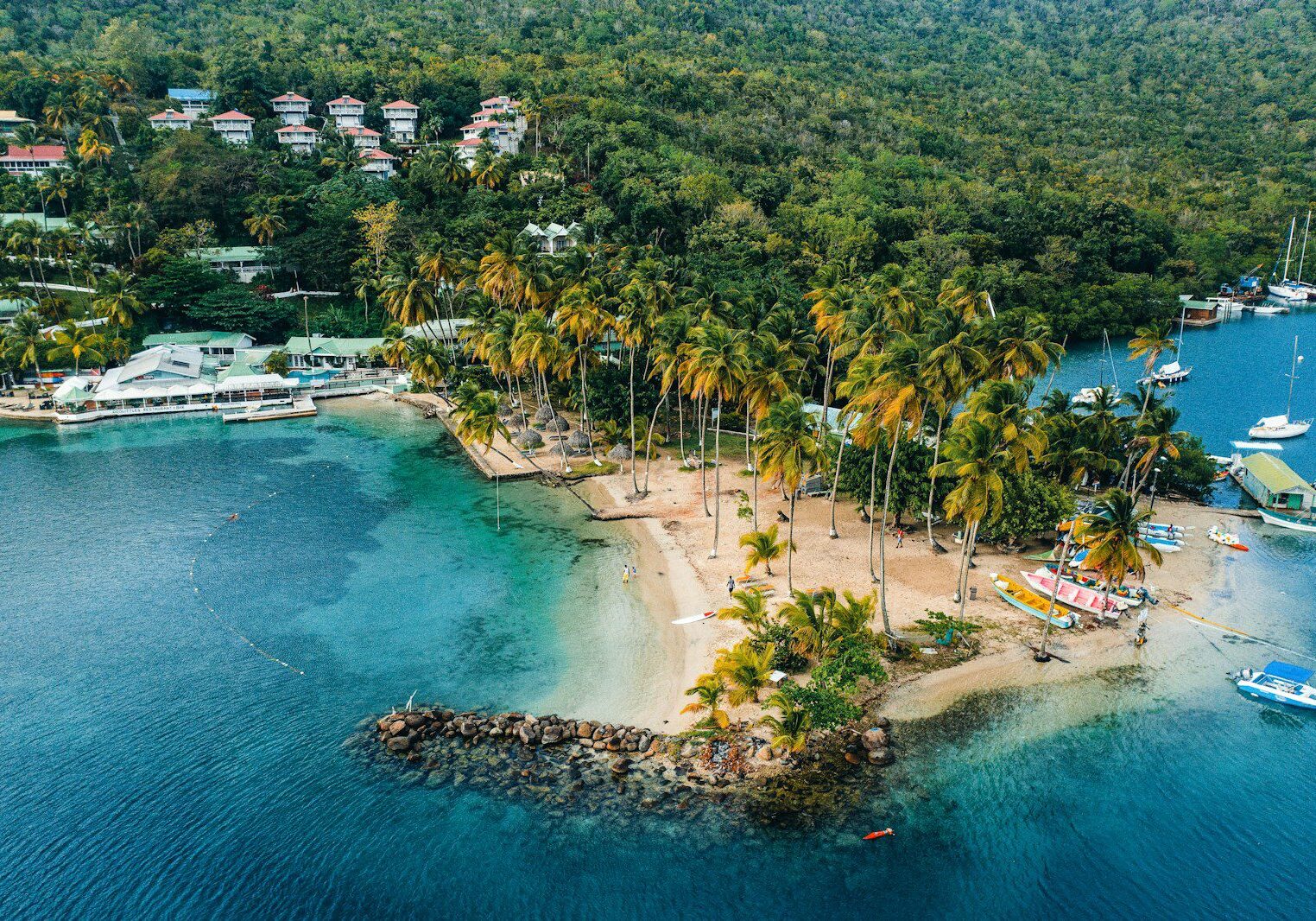 A St. Lucia bay with a palm-lined peninsula and hillside scenery